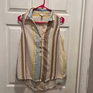 Time and Tru Womens Cotton Gauze Striped Sleeveless Collared Button Up Shirt L
